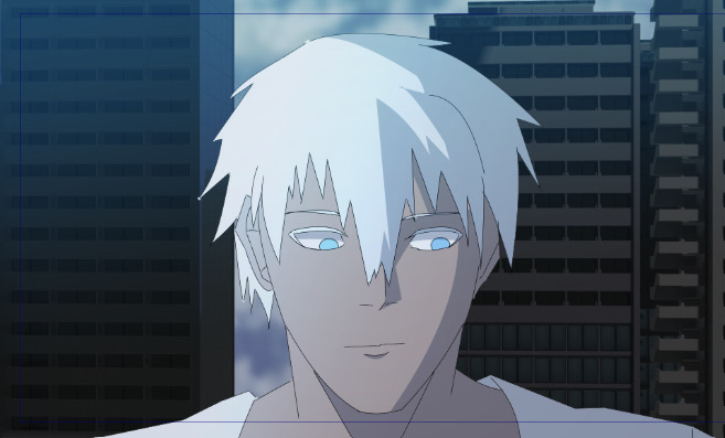 Kyon half-smiling, white hair against highrises