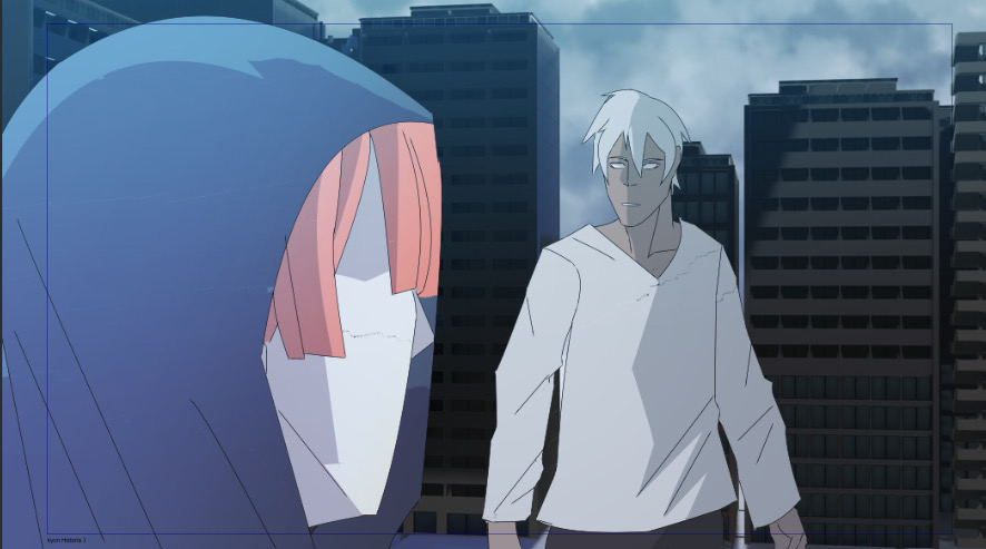 Kyon walking past a foreground silhouette of Historia