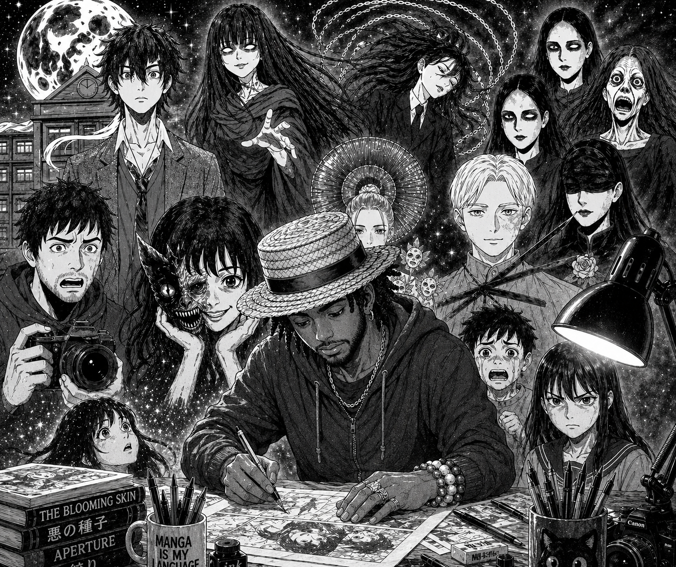Hiraku Taylor at his desk, surrounded by the cast of his horror manga