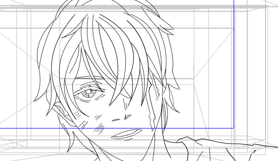 Kyon animation process — rough lineart with 3D perspective guides framing the protagonist mid-scene