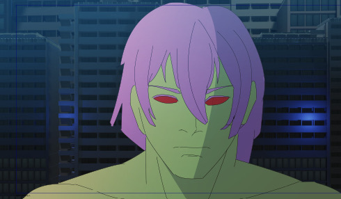 Lord Ba'al — green skin, violet hair, red eyes, against night towers
