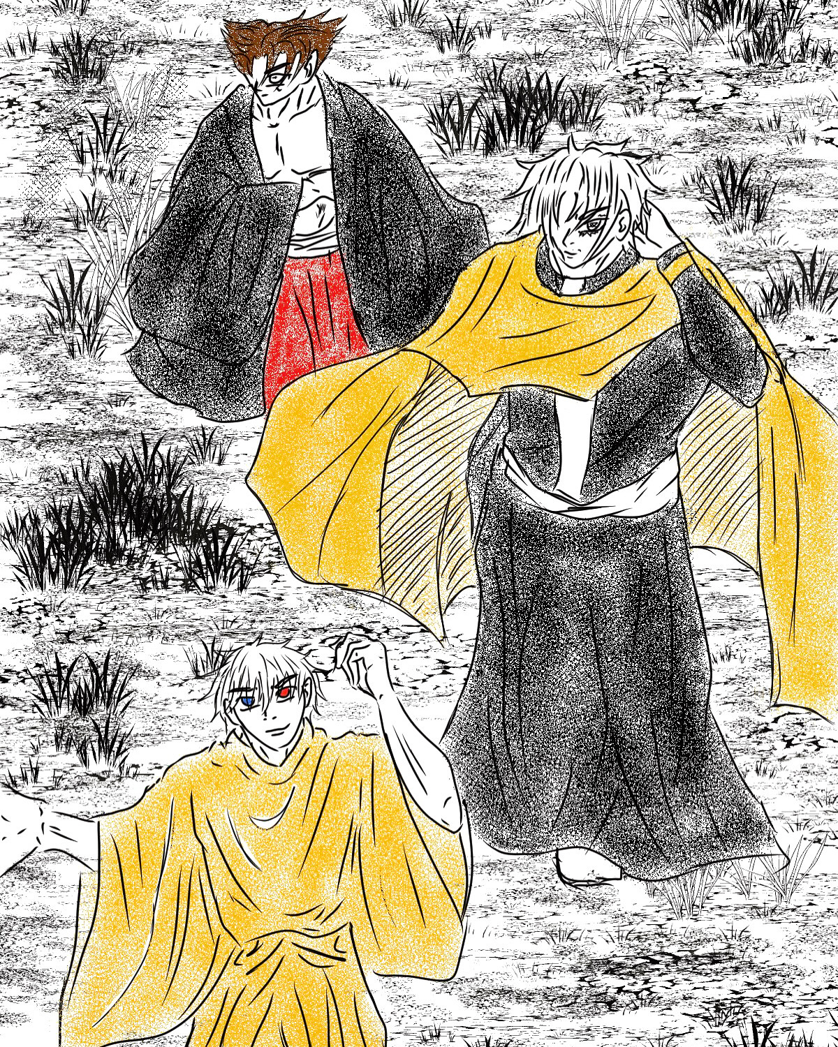 Three robed figures on a scorched plain