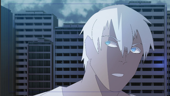 Tight close-up on Kyon as the city blurs behind him