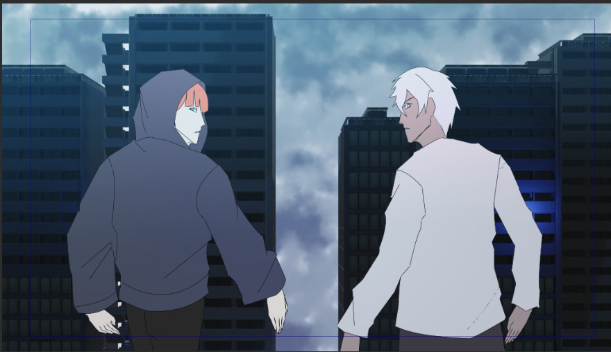 Kyon and hooded Samuel standing back-to in the city