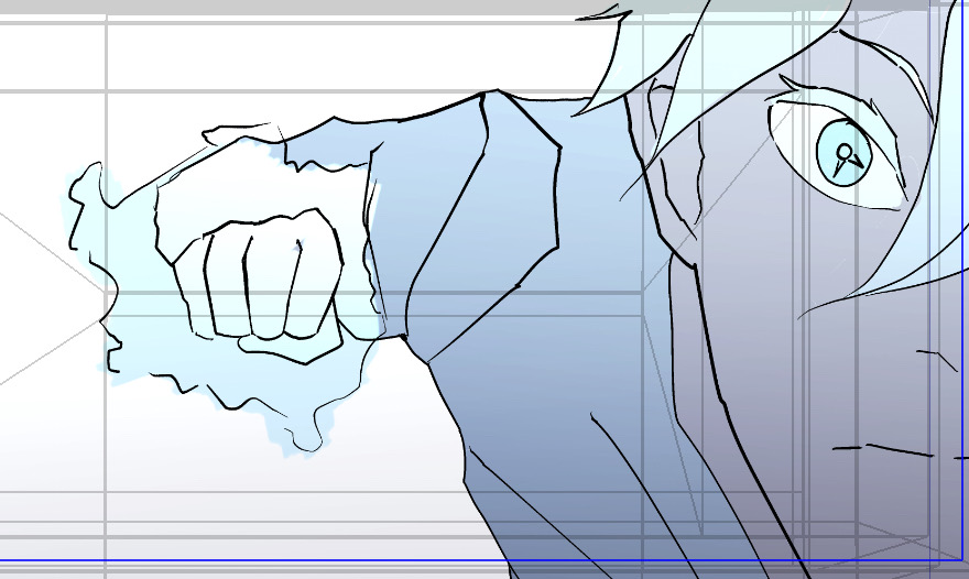 Kyon key pose — foreshortened fist strike with the Eye locked on target