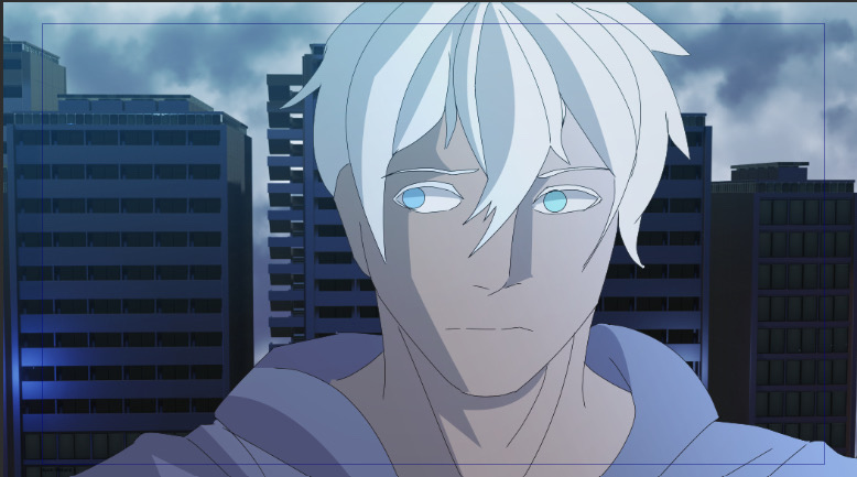 Kyon framed against the city skyline