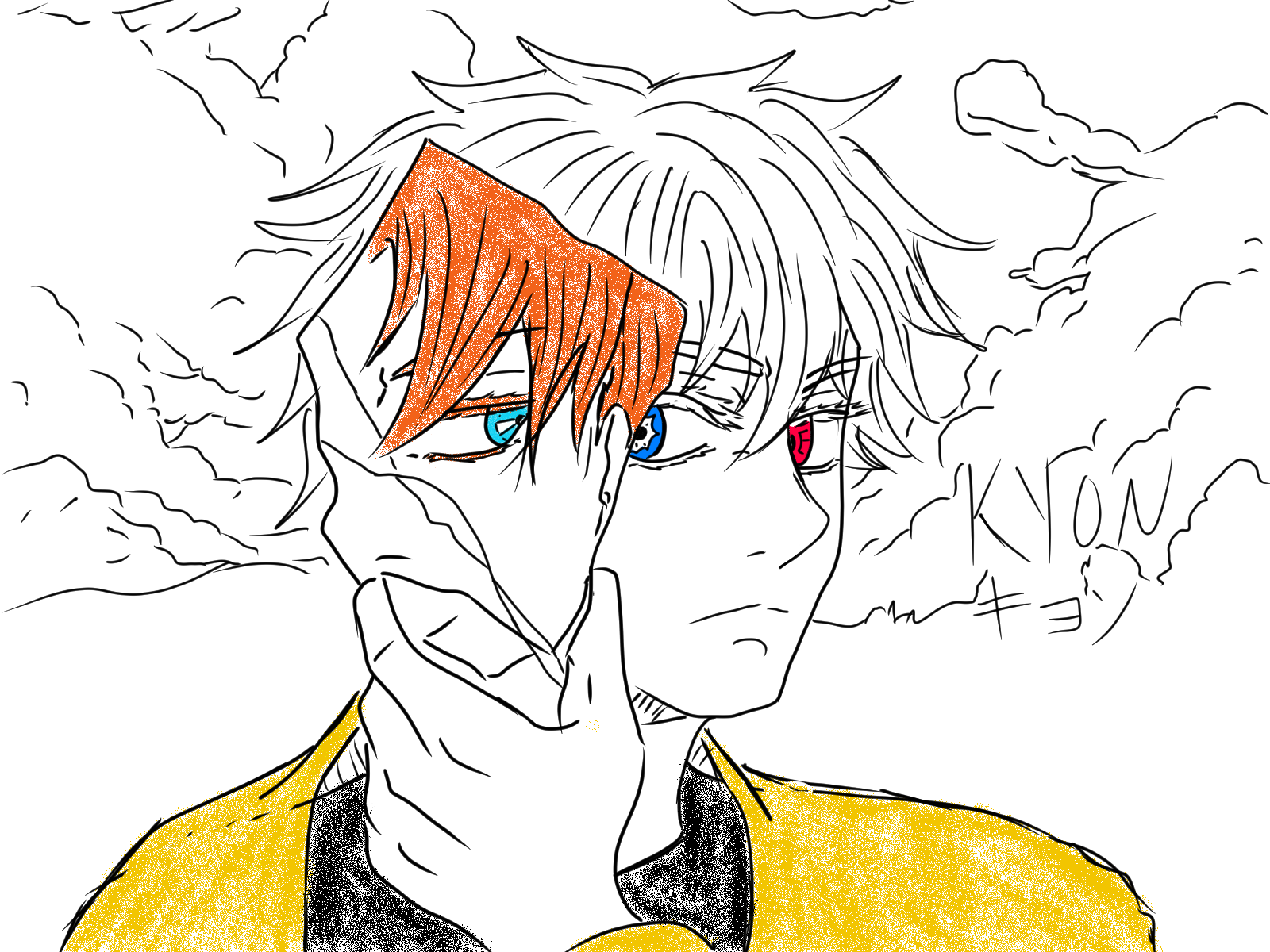 Kyon portrait — heterochromatic eyes with a hand reaching toward his face