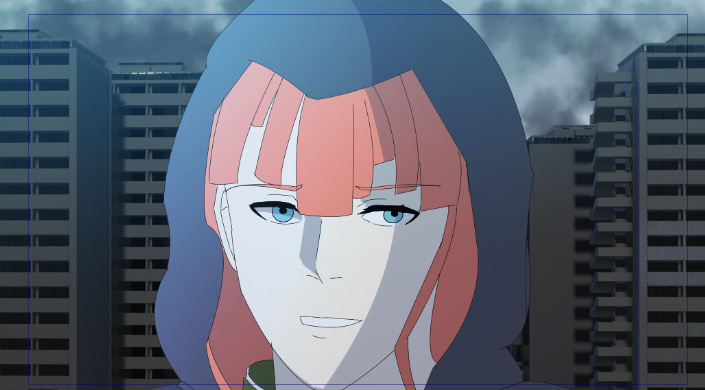 Samuel smiling, framed against burning skyscrapers